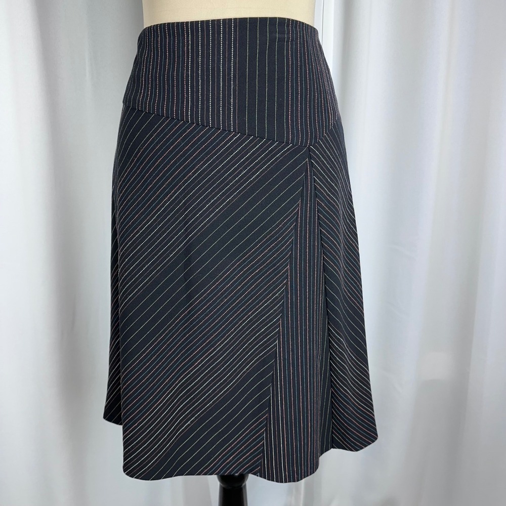 Ann Taylor Loft Pinstripe A-Line Skirt Womens 10 Navy Blue Pink Stretch Lined